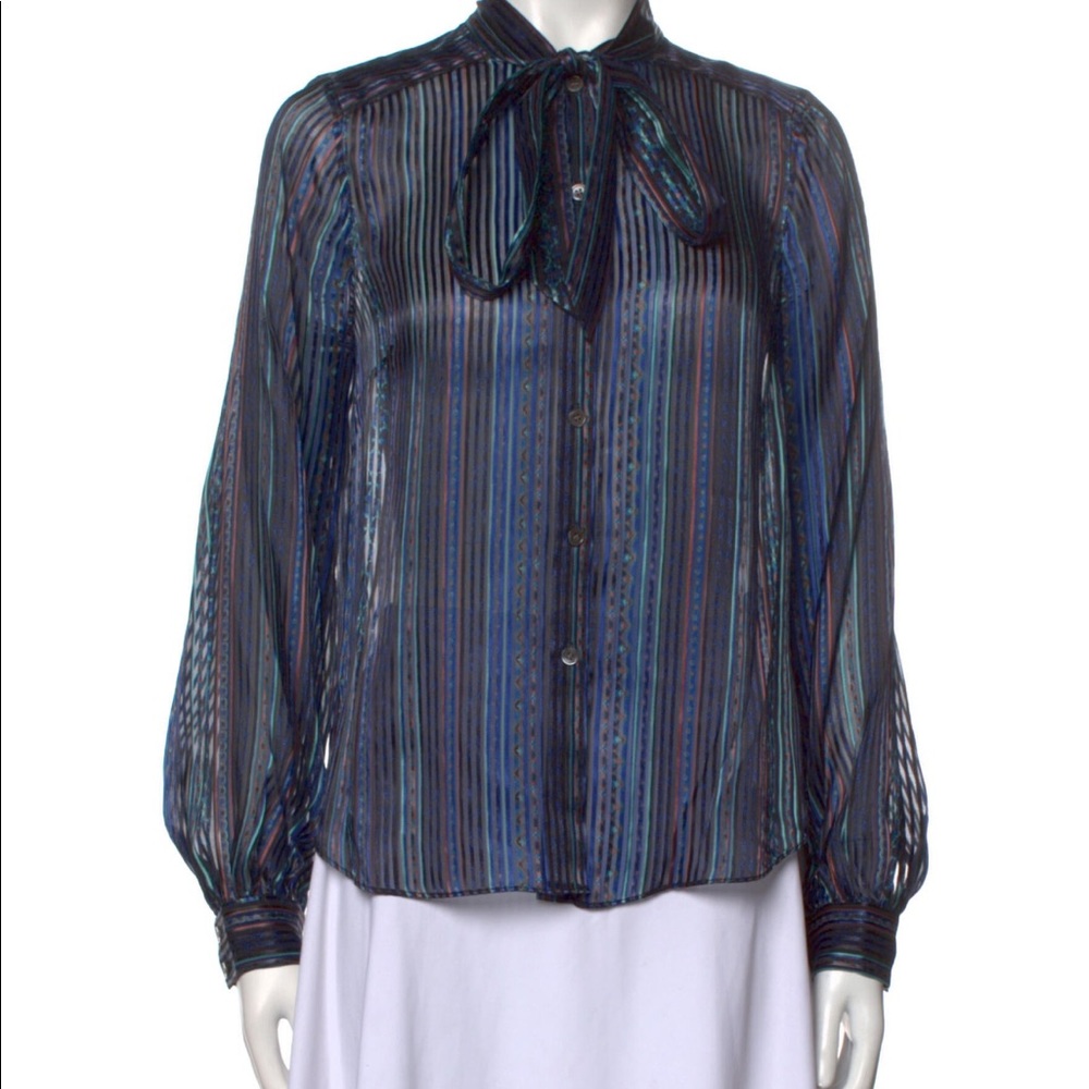 Veronica Beard Malaya Mixed Stripe Tie Neck Blouse